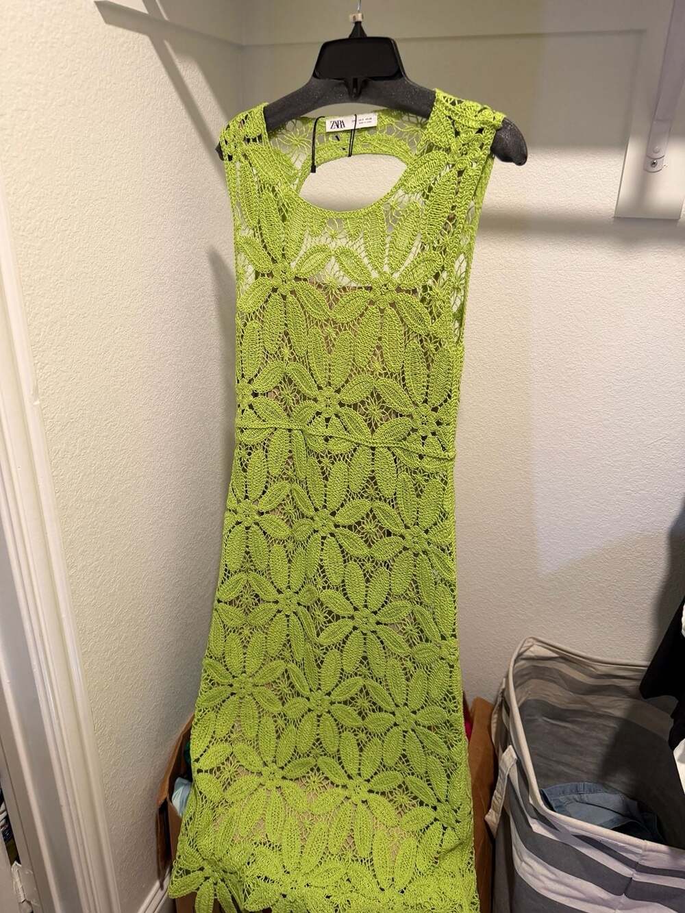 Zara Lime Green Floral Guipure Lace Midi Dress Size S